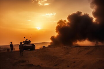  soldiers crosses warzone with fire and smoke in the desert, military special forces, tank