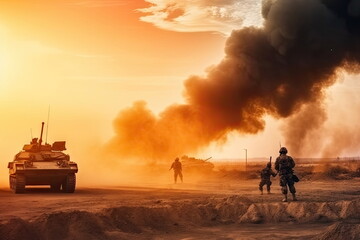 Wall Mural -  soldiers crosses warzone with fire and smoke in the desert, military special forces, tank