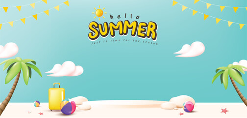 Wall Mural - summer travel poster banner display podium with sand and summer beach scene design