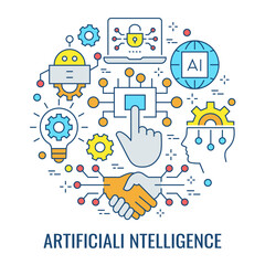 Artificial intelligence banner template with flat icons. Set of machine earnings, brain, data science, technology and others.