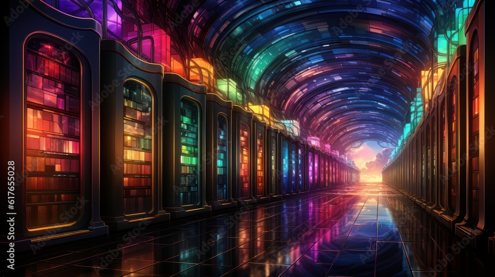 Rows of colorful server racks fill the room, representing the immense ...