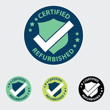 Certified Refurbished, Flat Isolated Rounded Vector, Badge, Pictogram, Symbol, Icon, Logo, Seal, Stamp, Emblem, Refurbishing, Upgrade, Renew, Tested, Secure, Recall, Restore, Product, Repaired.
