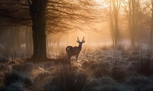 Winter Forest Beauty: A Young Deer In The Misty Sunrise. Creating Using Generative AI Tools