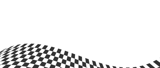 Wall Mural - Waving race flag or chessboard horizontal background. Motocross, rally, sport car or chess competition banner. Checkered winding texture. Warped black and white squares pattern