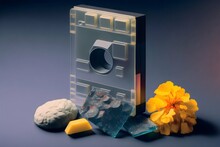 Still Life Shot Of An Transparent Floppy Disc Made Of Rocks And Minerals Next To Yellow Flowers And Red Fugus Shot On A Navy And Grey Gradient Backdrop Catalog Photos 35mm Film Large Film Grain 