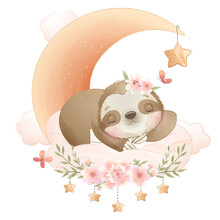Cute Sloth Sleeping On Cloud With Moon Floral Watercolor Illustration