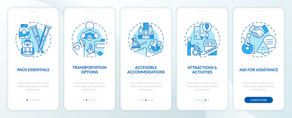 Wall Mural - accessible travel tips blue onboarding mobile app screen. road trip walkthrough 5 steps editable gra