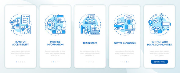 Wall Mural - inclusive travel blue onboarding mobile app screen. barrier free walkthrough 5 steps editable graphi