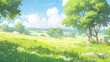 landscape countryside cartoon scene background. green meadow with tree on sunny day. generative AI