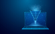 Digital Sales Funnel On Laptop. Big Data Concept On Technological Blue Background. Abstract Data Flow And Filter On The Screen. Low Poly Wireframe Vector Illustration. Starry Sky Polygonal Style.