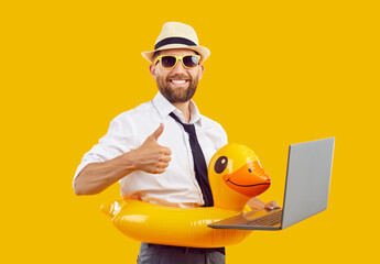 adult bearded corporate office worker man in shirt, summer holiday sun glasses, funny inflatable bea