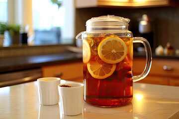 a glass of lemon tea beverage on wooden table, with lemon slices in the bottle, Created with Generative AI technology. 