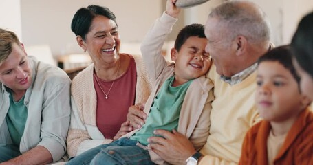 Sticker - Happy, love and smile with big family on sofa for bonding, affectionate or free time. Happiness, retirement and relax with children and grandparents in living room at home for playful, care and youth