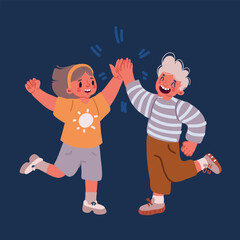 Cartoon vector illustration of Happy kids giving high five together in classroom. Excited children celebrating achievements, teamwork, diversity and friendship with highfive concept.