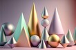 Arrangement of balanced geometric figures of spheres of cylinders prisms pyramids cones metallic and pastel matt shine different textures with pastel gradients 
