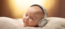 Closeup Of Cute Little Sleeping Newborn Infant Baby In Headphones, Listen To Relaxing Music (Generative Ai)