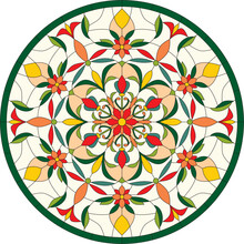 Vector Color Template Of Round Stained Glass Window. Floral Ornament For A Ceiling Or A Multi-colored Glass Window.