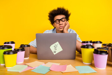 Sticker - Photo of sleepy tired guy closed eyes desktop netbook coffee cup isolated on yellow color background