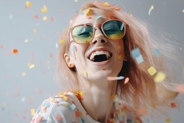 Happy woman in sunglasses and confetti