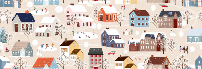 Wall Mural - Seamless pattern Winter landscape,Celebrating Christmas and New Year 2024  in City at night with happy people playing ice skate in the park,Vector horizontal banner winter wonderland in countryside