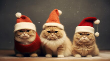 Cat In Christmas Costumes On A Festive Background. Happy Christmas Background. Cute Cat On A Christmas Background In A Cute Costume. AI Generative.