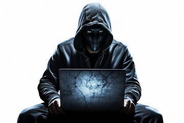 An image of a computer hacker in dark hoodie with a compute - Generative AI