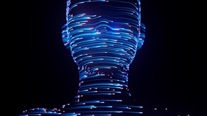 Human face abstract digital animation. 3D rendering of artificial intelligence. Concept of big data cyber security or metaverse.