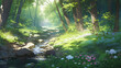 © piggu - landscape countryside cartoon scene background. stream leading to inside deep forest on sunny day. generative AI