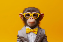 Monkey Wearing Yellow Glasses And Suit With Bow Tie And Bow Tie. Generative AI.