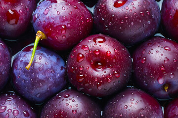 Poster - Close up of plums with water droplets on the top of them. Generative AI.