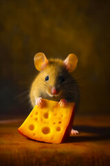 Wall Mural - Mouse with piece of cheese in it's mouth on table. Generative AI.