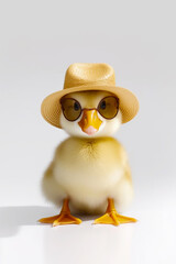 Sticker - Little duck wearing hat and glasses with hat on its head. Generative AI.