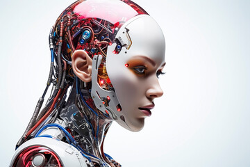 Portrait of a female robot on a light background. Generative AI