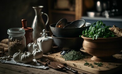 Poster - AI generated illustration of fresh vegetables on a wooden cutting board in a kitchen