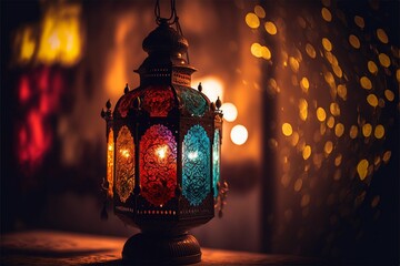 Canvas Print - AI generated illustration of an illuminated oriental lantern emitting vibrant colors of light