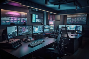 Monitors and empty desk in control room