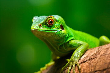 Poster - Close up of green lizard on branch with blurry background. Generative AI.