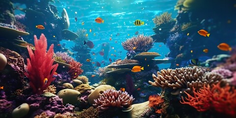 Wall Mural - AI Generated. AI Generative. Underwater scuba dining scene background. Shell, starfish, coral, fish surface. Adventure vacation explore vibe. Graphic Art