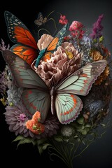 Sticker - Generated illustration of two butterflies perched on a colorful bouquet of flowers