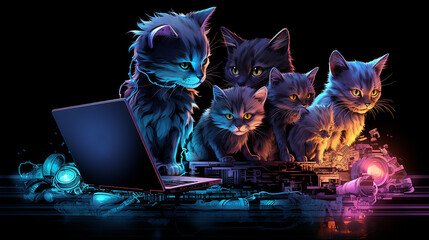 cyber concept,  creativity and dedication to the development of technology intersection of programming, website design, the safety of online interactions cyber punk cats Generative AI .