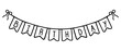 Garland. Sketch. Stretching for lettering - Birthday. Printed text, capital letters. Festive garland of flags. Fastened with bows. Vector illustration. Doodle style. Outline on isolated background. 