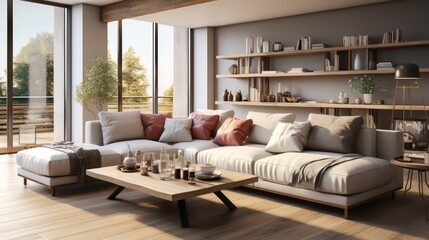 Interior design of modern scandinavian apartment, living room and dining room. Created with generative AI.