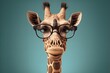 a giraffe wearing glasses on his face looking into the camera