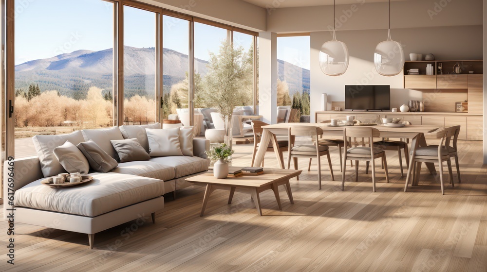 Interior design of modern scandinavian apartment, living room and dining room. Created with generative AI.