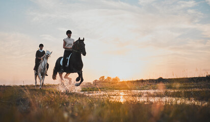 Poster - Horse riding, friends and girls in countryside at sunset with outdoor mockup space. Equestrian, happy women and animals in water, nature and adventure to travel, journey and summer vacation together.