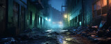 Fototapeta Londyn - Old spooky urban street futuristic neo cyberpunk urban alleyway. Bright blue light in empty alley with no people. Inner city buildings and modern architecture look and feel