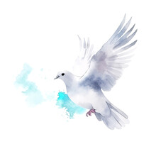 Peaceful Grace Dove Flying At Sky Open Wings Watercolor Hand Drawn Paint Blue Splash Art Illustration. Generative Ai