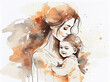 Watercolor painting mother child hugging each other soft pastel colors gentle brushstrokes
