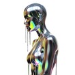Futuristic woman mannequin from liquid holographic metal with dripping melted chrome Y2K transparent png. Generative Ai