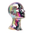 Cyber beautiful woman bust from liquid holographic metal chromatic neon aberration Y2K style transparent png. Generative Ai